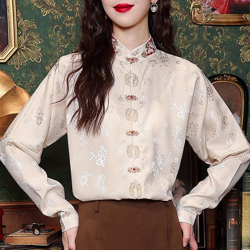 2024 Spring Autumn Women Fashion Vintage Chinese Style Embroidery Shirts Elegant Chic Stand Collar Blouse Long Sleeve Loose Tops