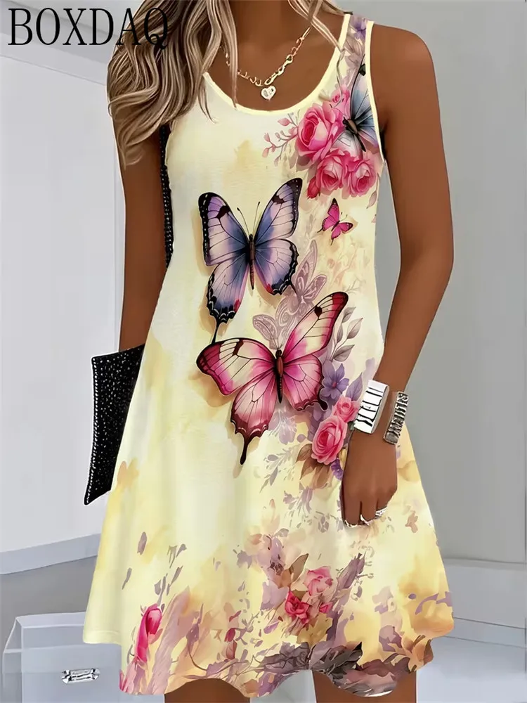 

Sleeveless round neck loose, fashionable, elegant butterfly pattern printed women's summer dress 2026