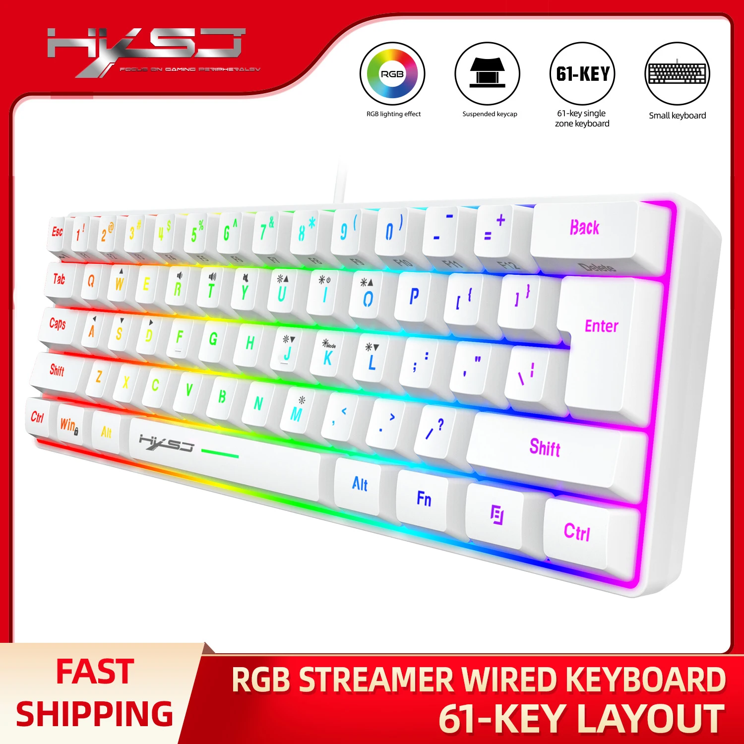 HXSJ 60% Wired Gaming Keyboard, RGB Backlit Ultra-Compact Mini Keyboard, Waterproof Small Compact 61 Keys Keyboard for PC/Mac