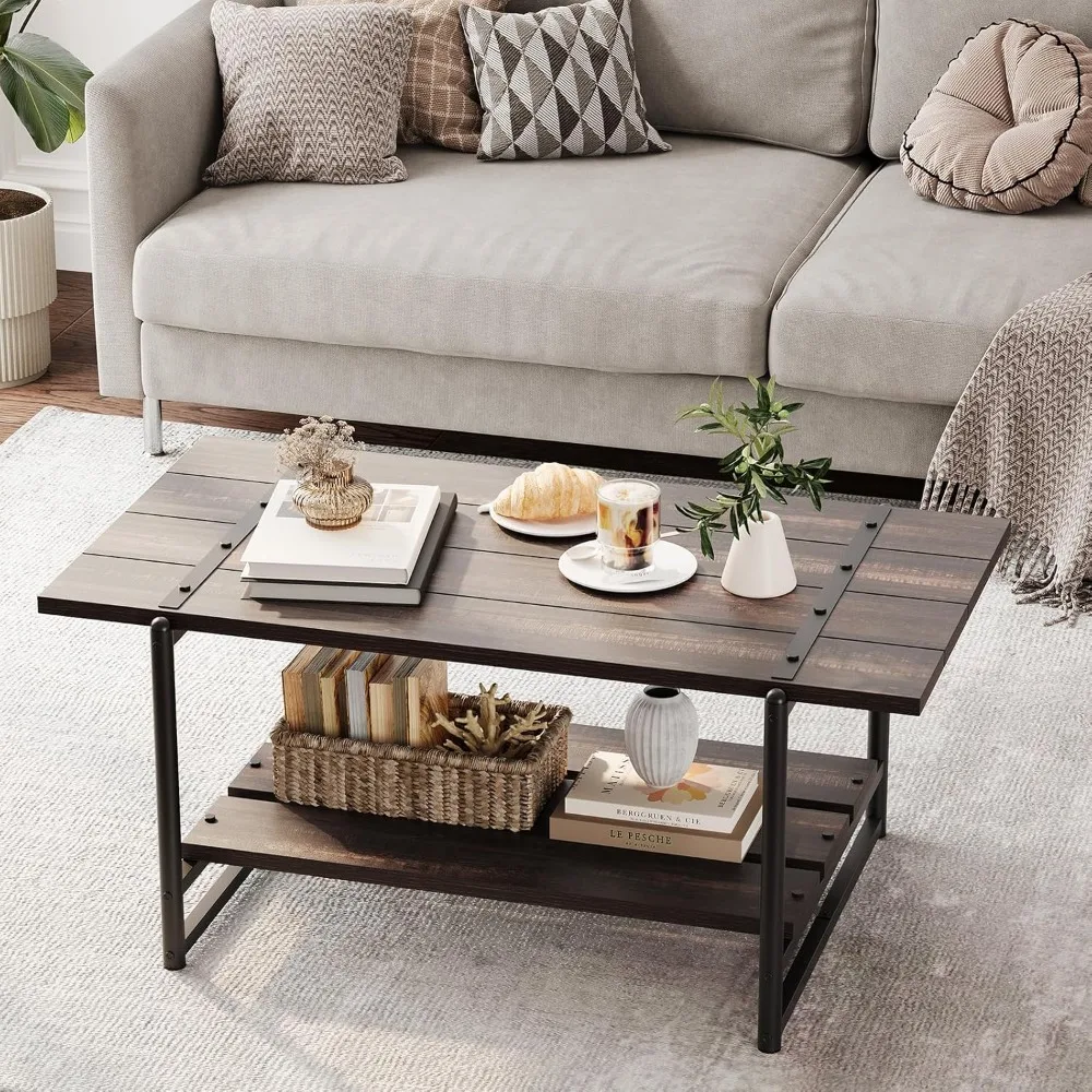 

41" Rustic Farmhouse Coffee Table, Modern Minimalist Wood and Metal Living Room Table, 2 Tie Rectangle Center Table with Storage