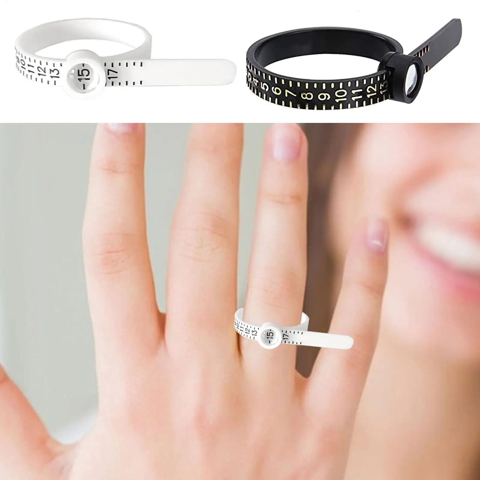 Plastic EU standard Size Plastic Finger Size Band Gauge Ring Measurement Belt Adjustable Magnifier Ring Sizer for Women Men