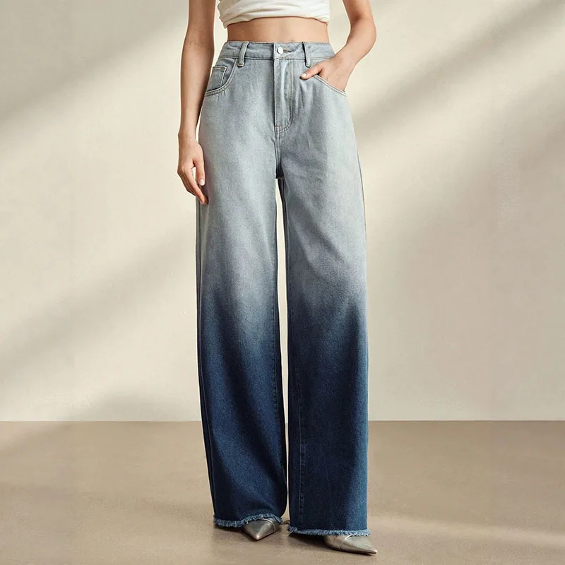 Vintage Gradient Straight Jeans Women Stylish Raw Edge Loose Wide Leg Denim Pants American Style Streetwear High Waist Trousers