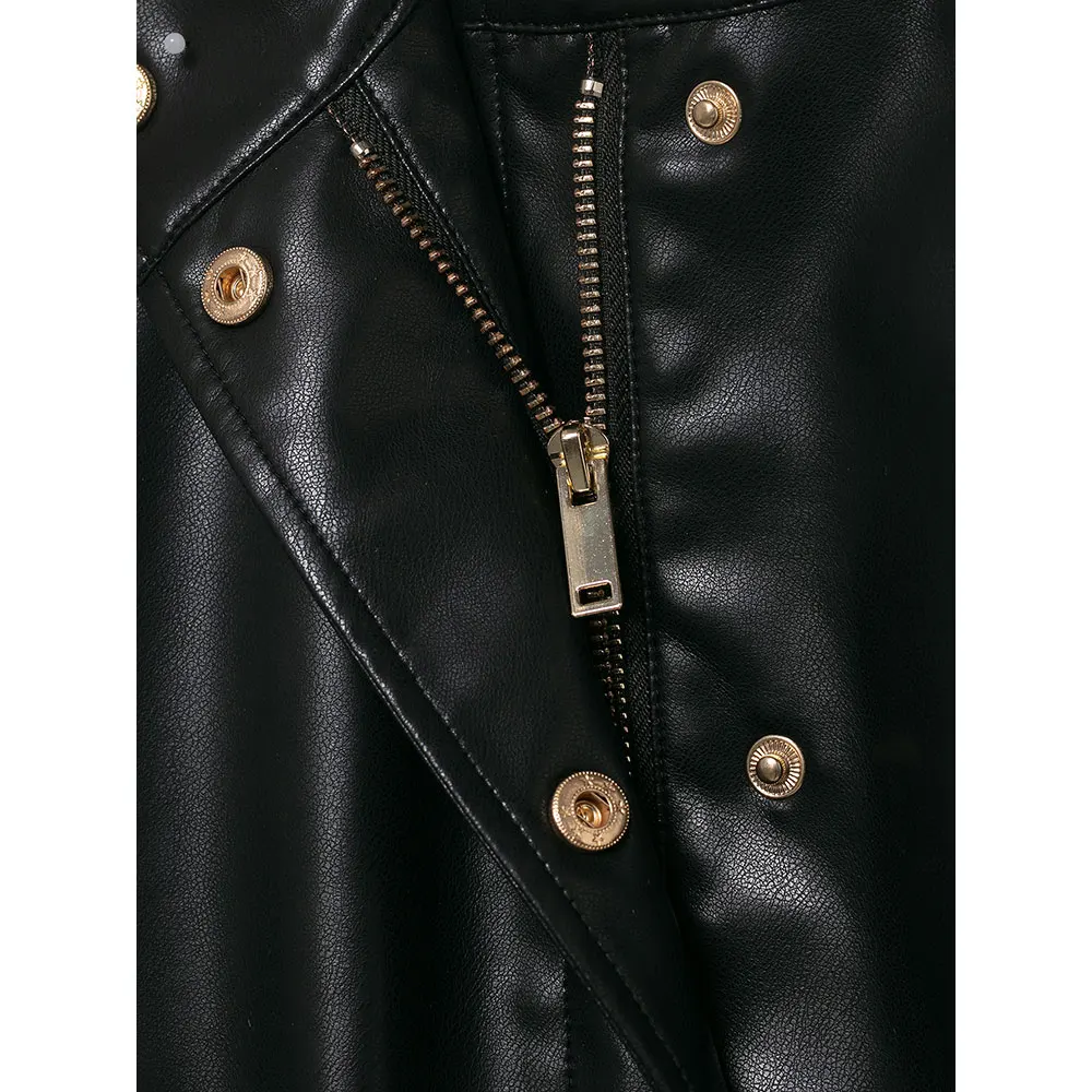 DUOPERI Women's Fashion With Belt PU Black Jackets High Street Stand Collar Long Sleeves Female Elegant Chic Lady Coats Outfits