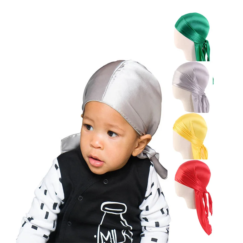 Silky Durag For Kids Boys Long Tailed Pirate Hat Hip-Hop Bandanas Doo Rag Turban Children's Waves Cap Headwear Hair Accessories