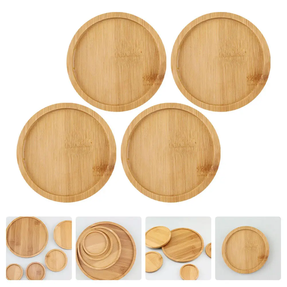 4Pcs Bamboo Flowerpot Tray Stylish Rustic Plant Pot Saucer Tray Set for Desk Shelf Table Top Gardening Decoration Snack Service