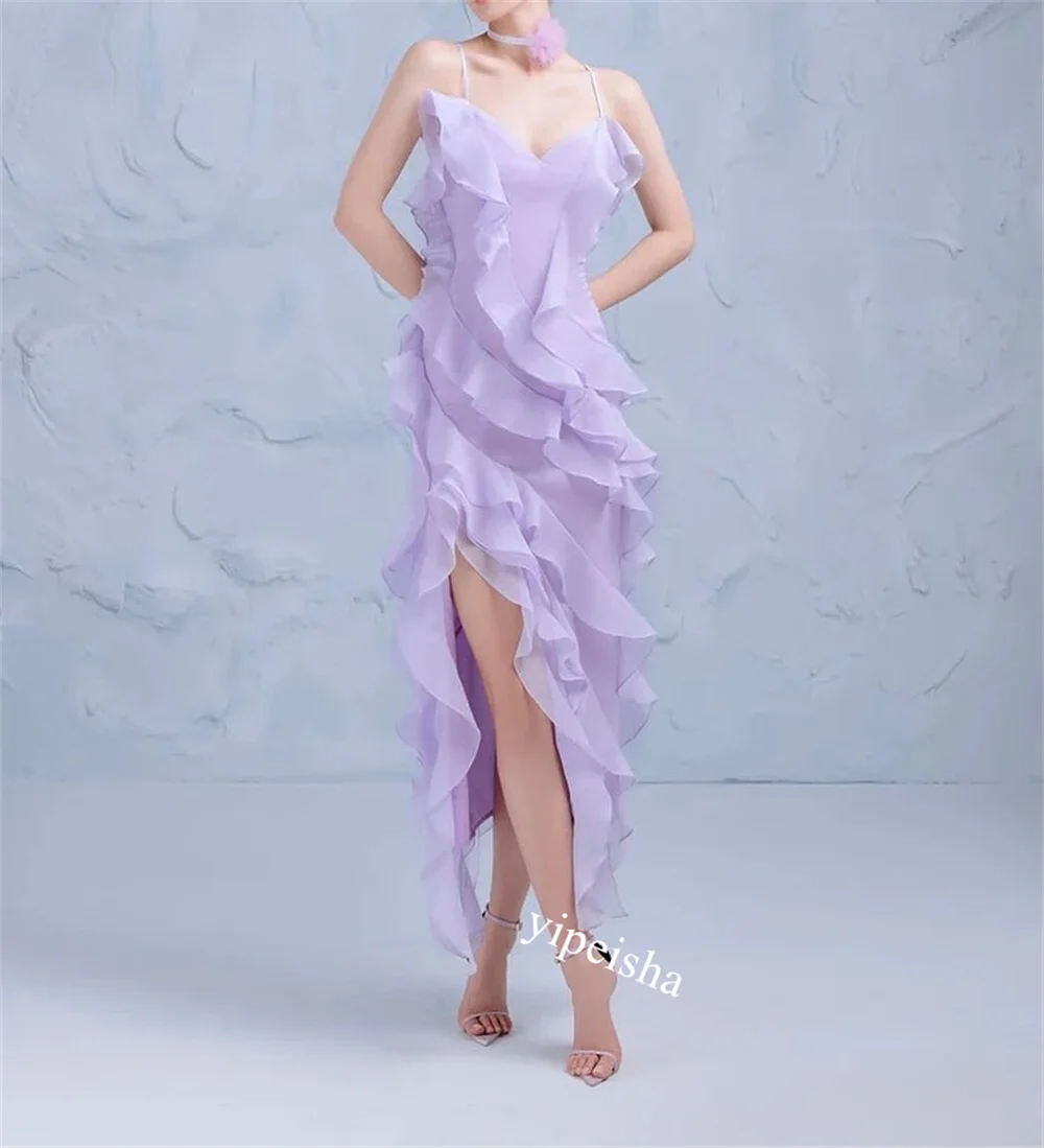 Customized Chiffon Ruffles Wedding Party Sheath Spaghetti Strap Bespoke Occasion Gown Midi Dresses    es es