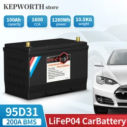 95D31L/R LiFePO4 Lithium Car Battery 12V 100Ah 1600CCA Automobile Replacement Battery for Cars, SUVs, Sedans, Trucks, Vans, Bus