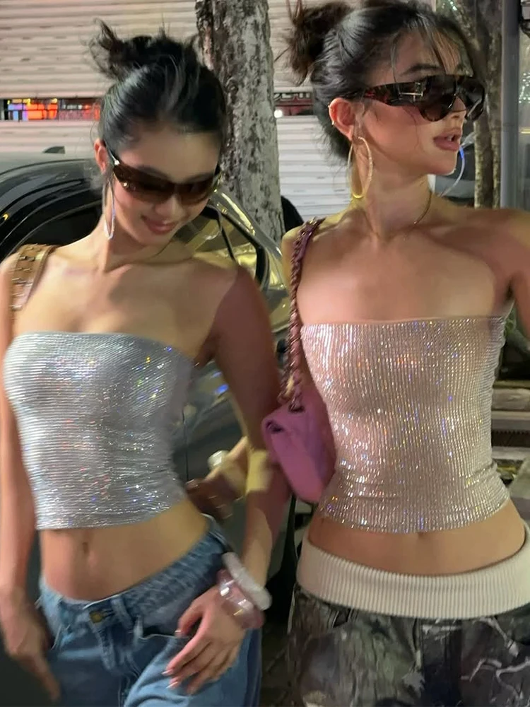 Top sin mangas con lentejuelas y apliques de diseño original para mujer, clásico, elástico, ajustado, para fiesta, club, estilo urbano y chic.