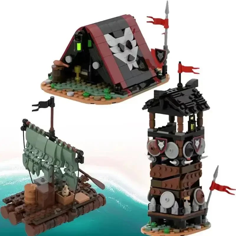 MOC Medieval soldier Tent Block Wolf Sentry Watchtower Figure Castle Pirate Ship Raft Mini Brick Model Toy Children Gift