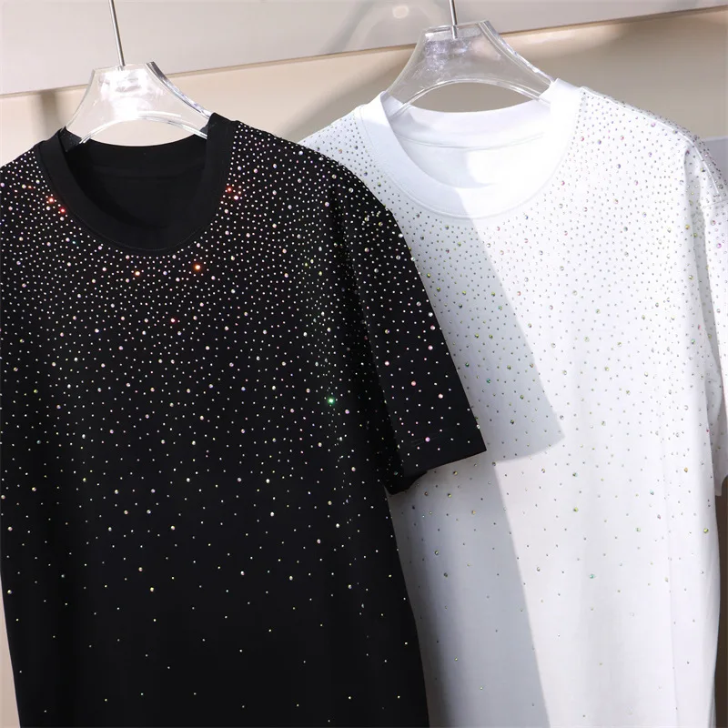 

Shiny Starry Sky Hot Drilling Men's T-shirt 2025 New Spring Summer Diamonds Loose Short Sleeve Tees Large Size Handsome Tops