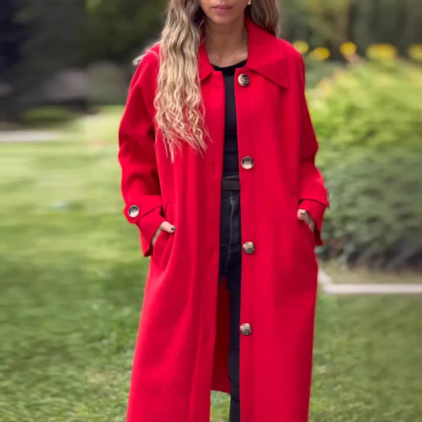 

2024 Autumn Winter Casual Button Long Solid Color Woolen Coat Jacket
