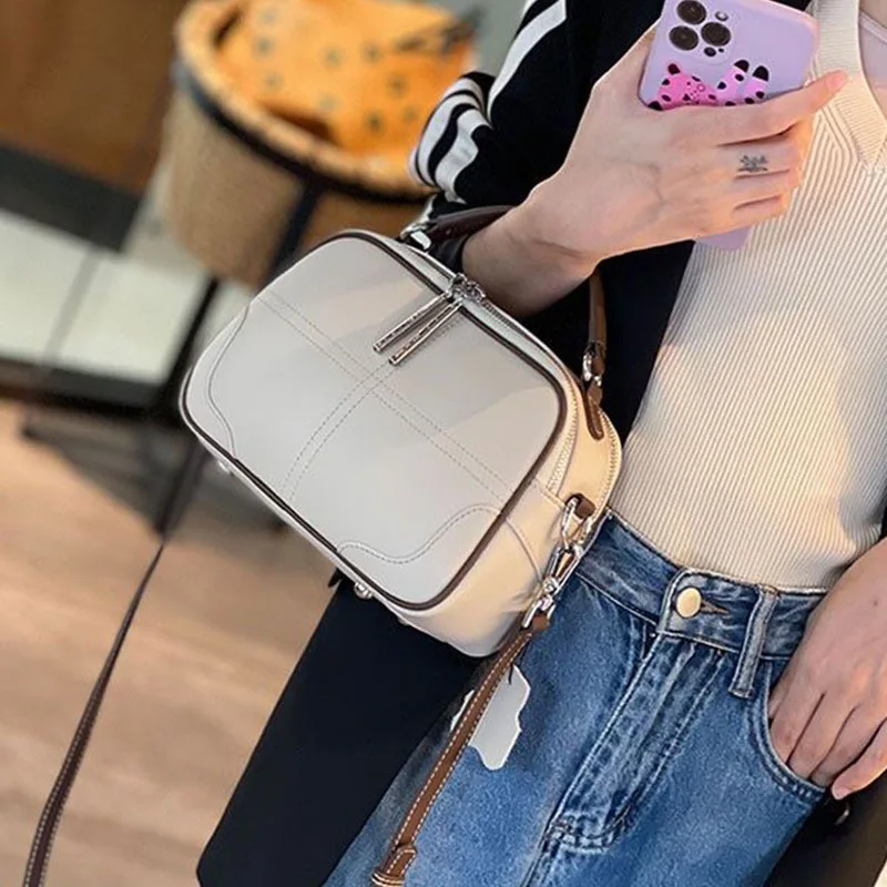 Genuine Leather Women's Bag New Fashion Cowhide Apple Bag Large Capacity Handheld One Shoulder Crossbody Small Square Bag