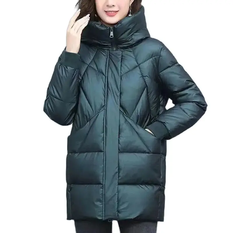 

Winter Medium Long Cotton Jacket Women 2023 New Loose Thicken Parka Overcoat Hooded Zipper Pure Colour Pocket Outerwear Female