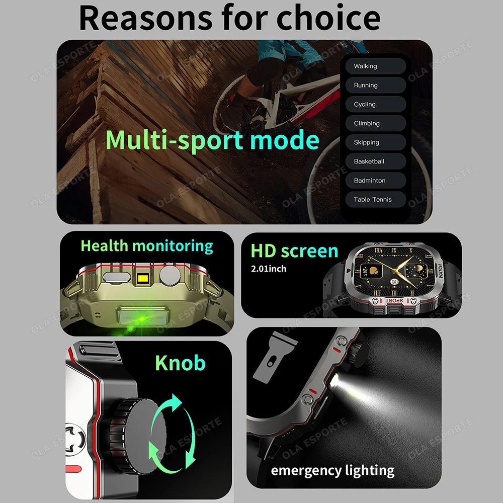 Rugged Military Smart Watch Men's Outdoor Watch LED Flashlight 1.44'' HD Touch Screen Voice Bluetooth Call Smartwatch Gifts H10