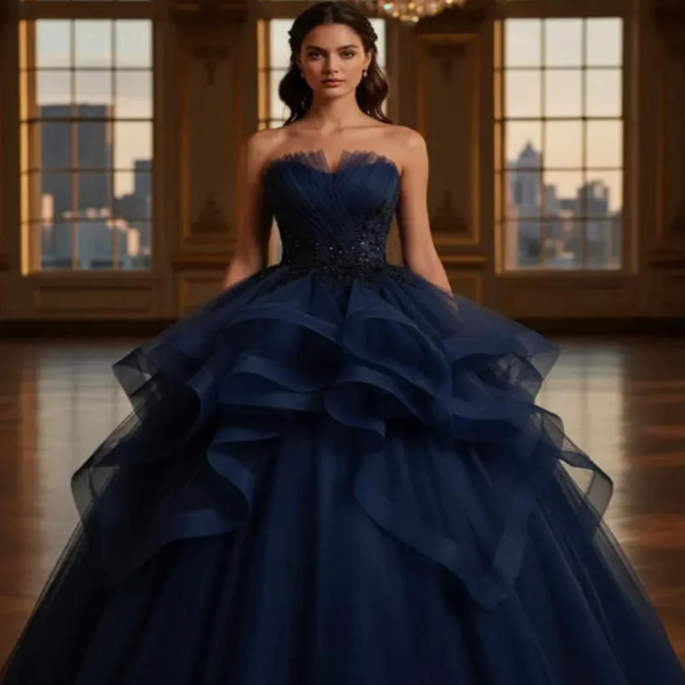 ZJ9494 Navy Evening Dresses Glitter Fluffy Tulle Layering Prom Dresses Sweetheart A-line Wedding Party Dresses Customized