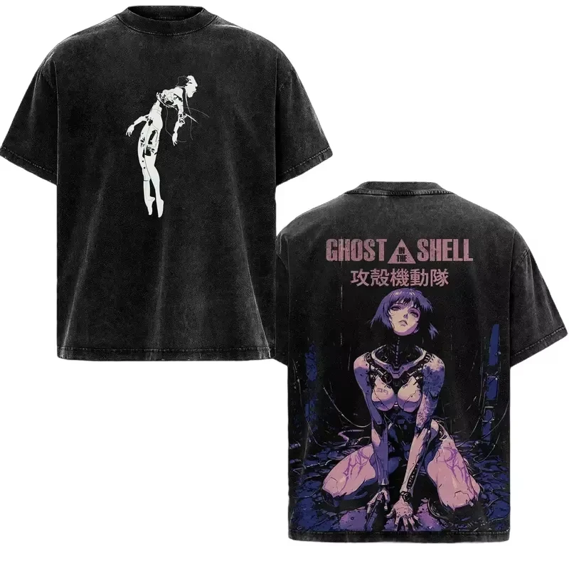 The Ghost in The Shell Motoko Kusanagi Graphic Print T-shirt Men Women Casual Oversized Short Sleeve Retro Washed Cotton Top