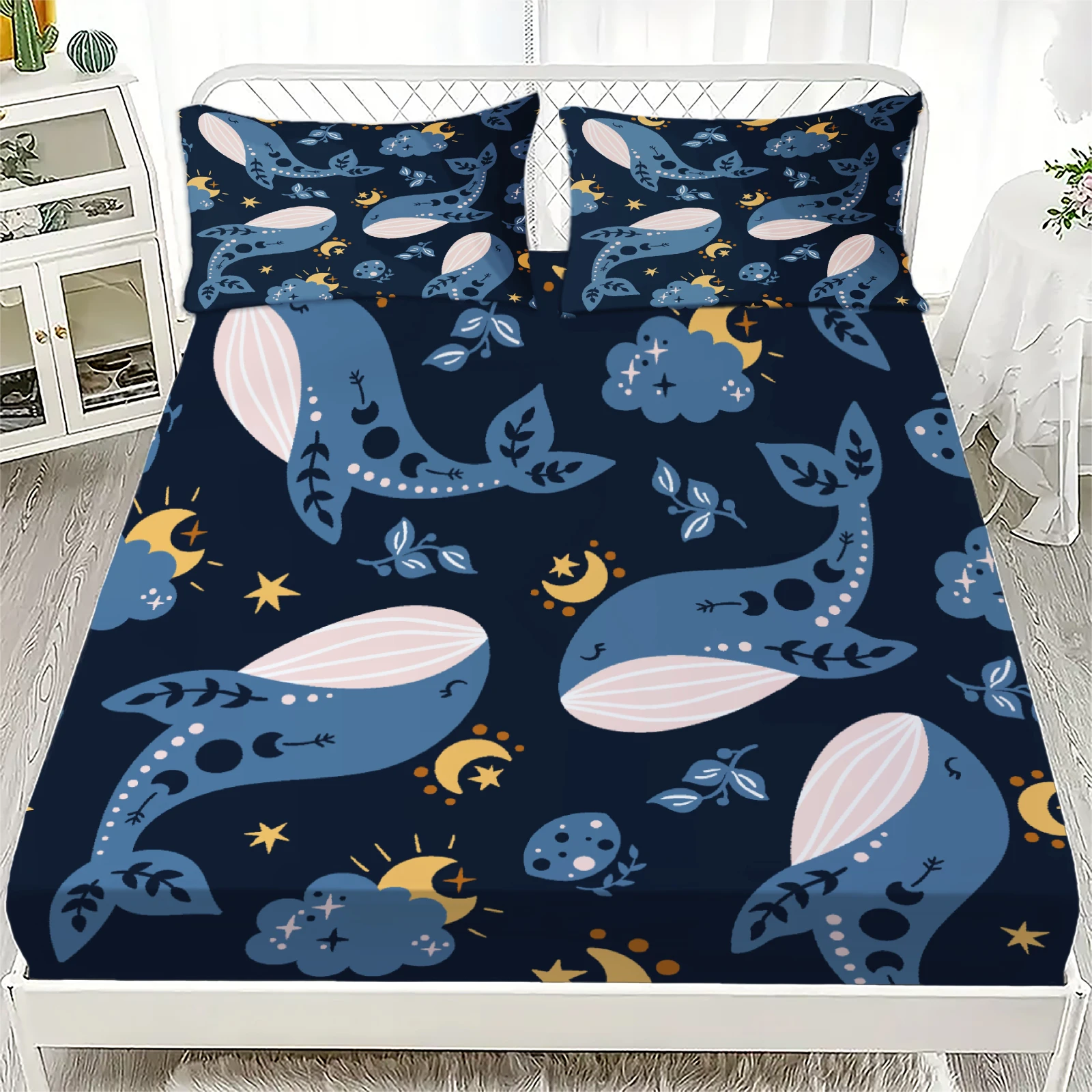 3pcs Fitted Sheet Set Dormitory Decor For Student Children Cosmic Whales Stars Planets Galaxies Print Bed Sheet With Pillowcases