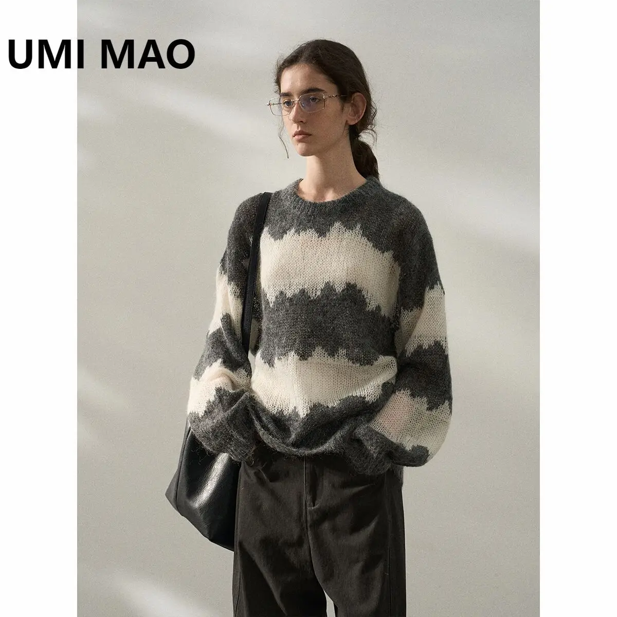 UMI MAO Wave Striped Mohair Sweater Autumn New Mid Length Loose And Lazy Round Neck Top Femme Y2K