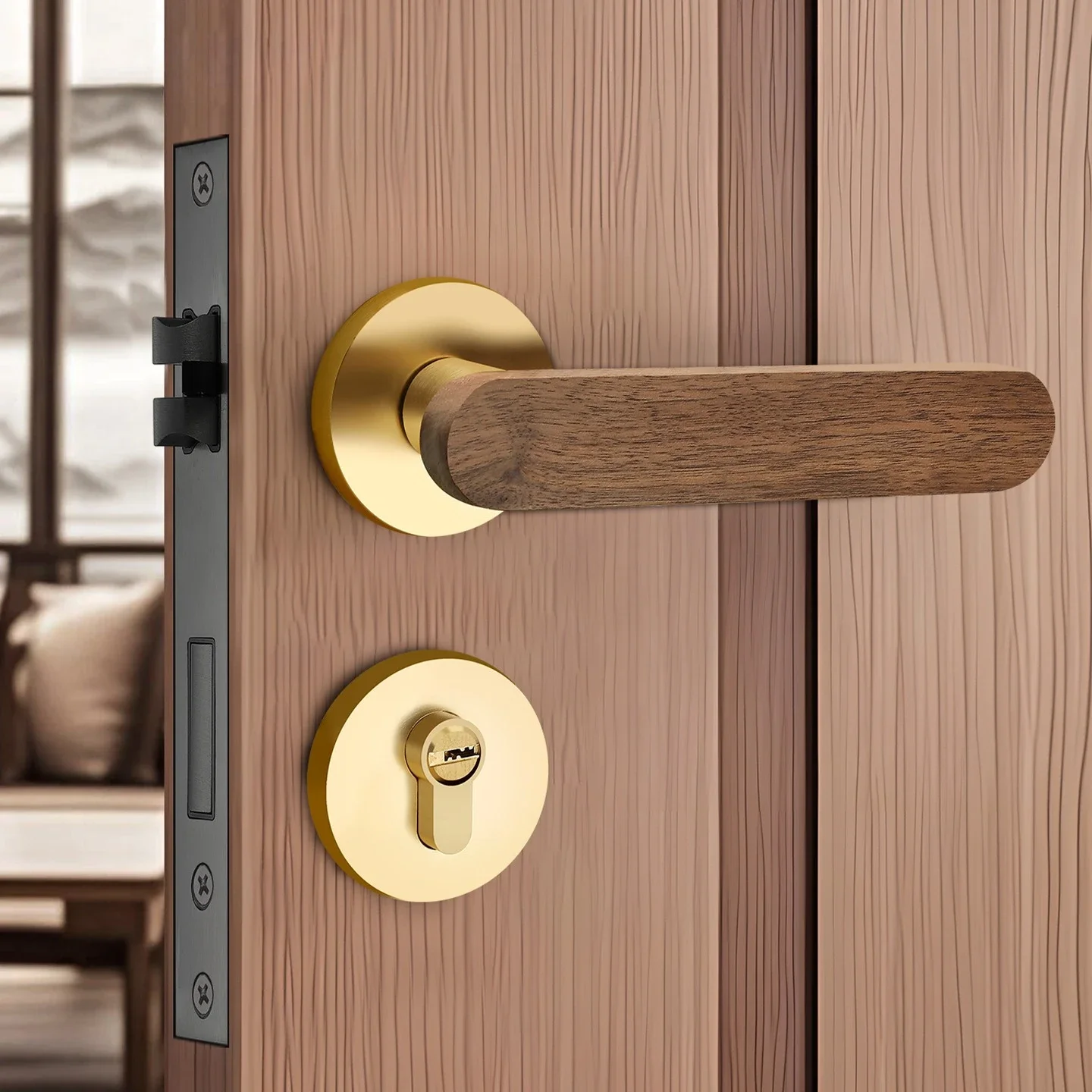 Luxury-lite walnut door lock for silent indoor use in domestic bedrooms. New Chinese-style split room door wooden door handle.