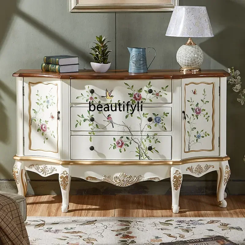 zq Furniture American-Style Chest of Drawers Bedroom   Vintage Painted Locker Storage Cabinet Solid Wood Chest of Drawers