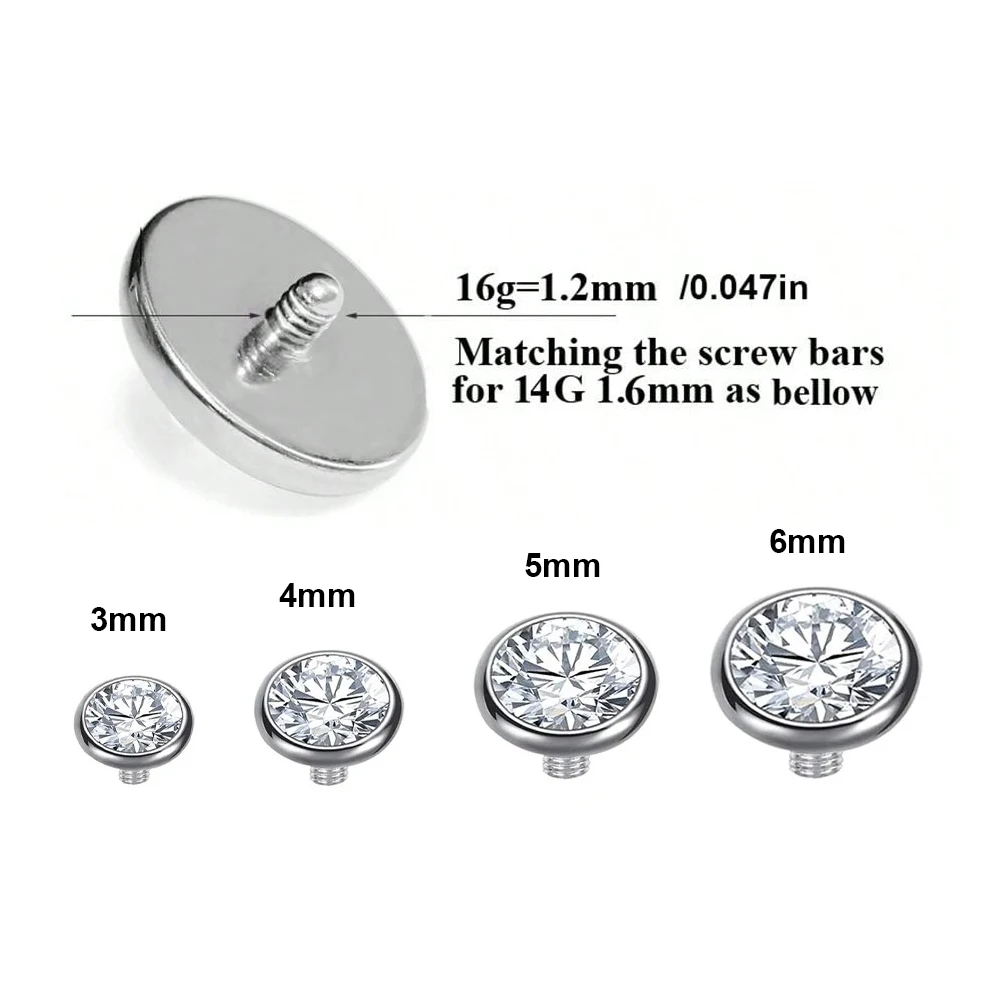 1 Pc G23 Titanium Steel Skin Diver Dermal Anchor Tops Base Clear Zirconia Surface Piercing 3/4/5/6mm