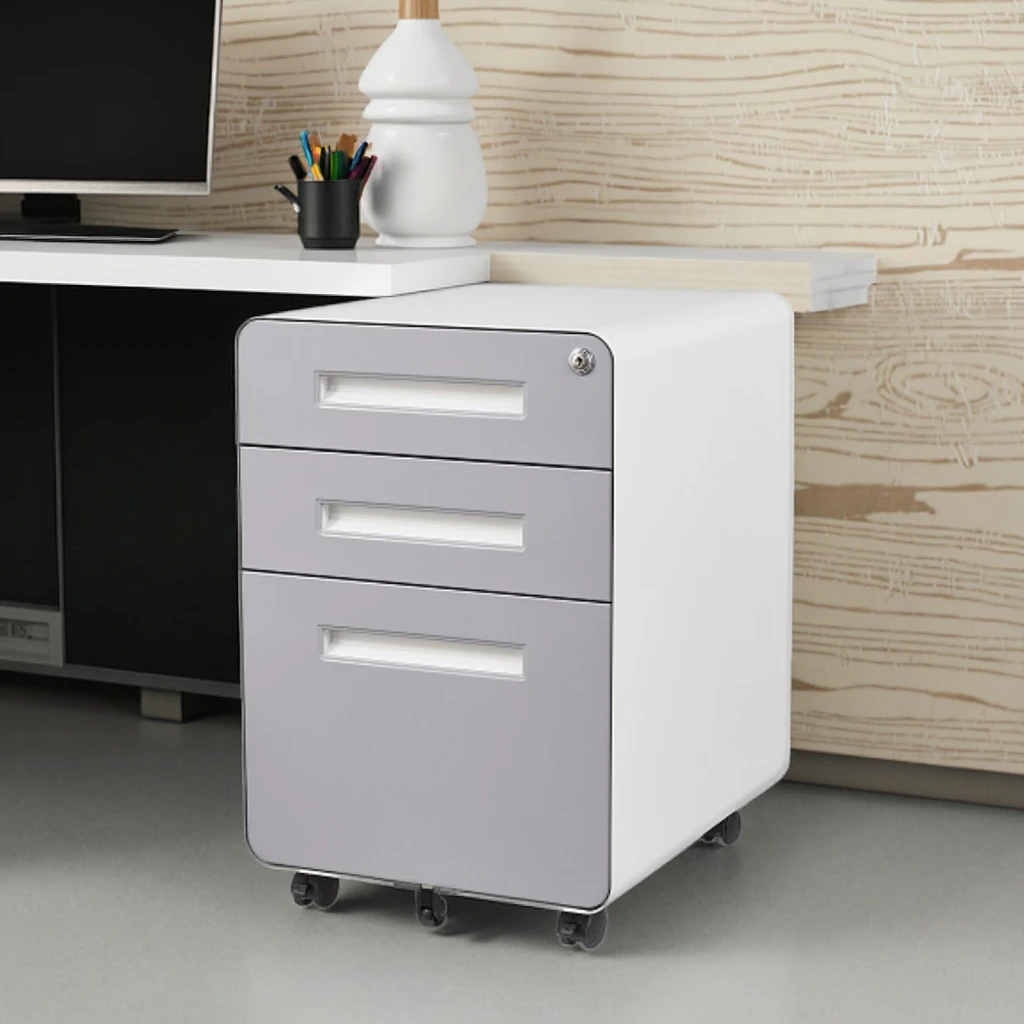 Home Office File Cabinet 3 Drawer Mobile Pedestal Light Gray Arc-shaped Movable Cabinet Office Metal Mobile Cabinet Under Desk