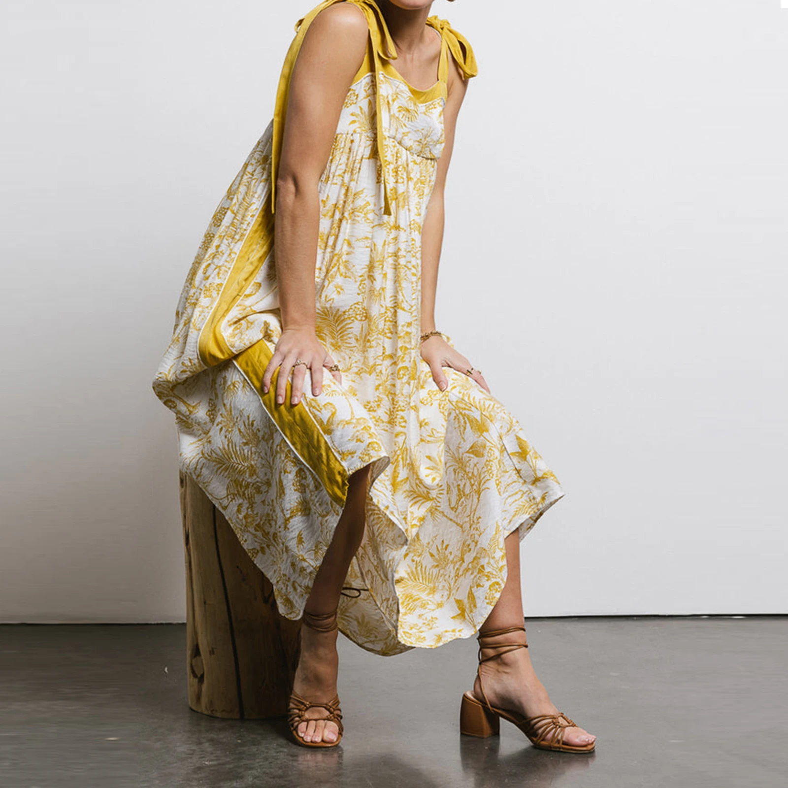 Women Sleeveless Wide Shoulder Straps Tied Plants Print Contrast Color Summer A-line Tank Long Dress for Daily Party