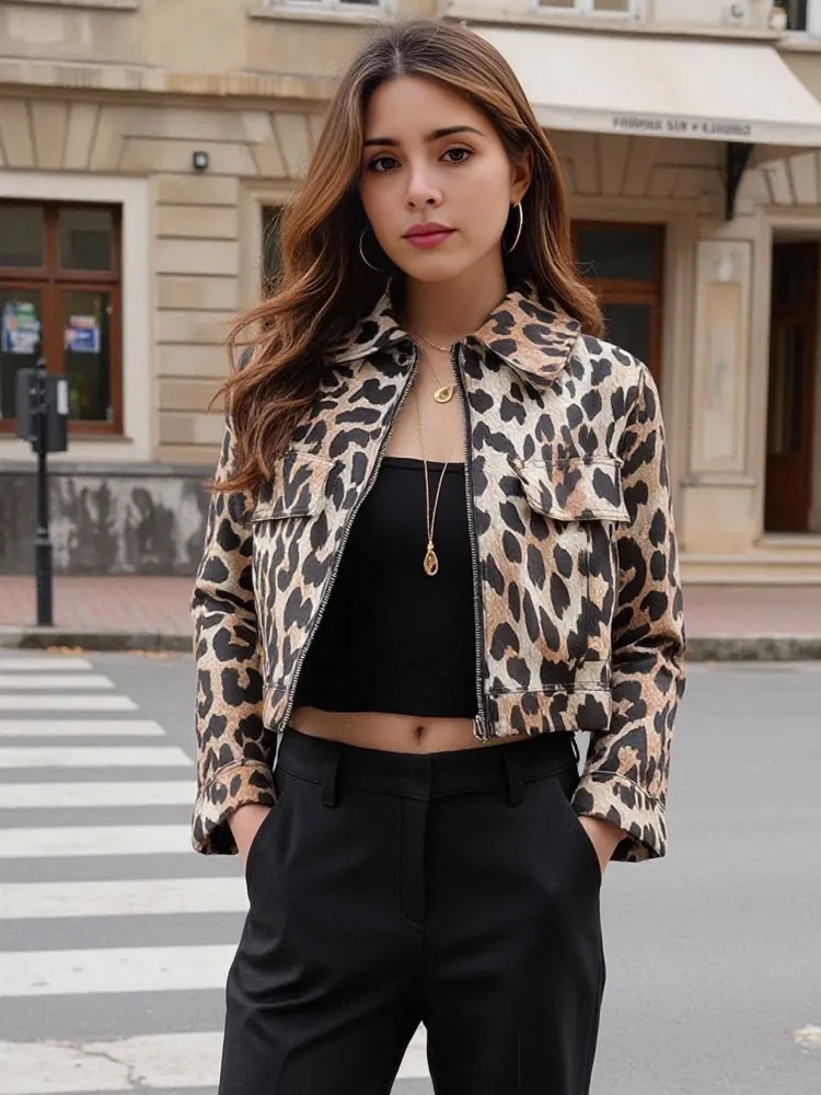 

HH Leopard Print Cropped Coat Women Zipper Long Sleeve Jackets Streetwear Spring Women's High Street Lady Outwear