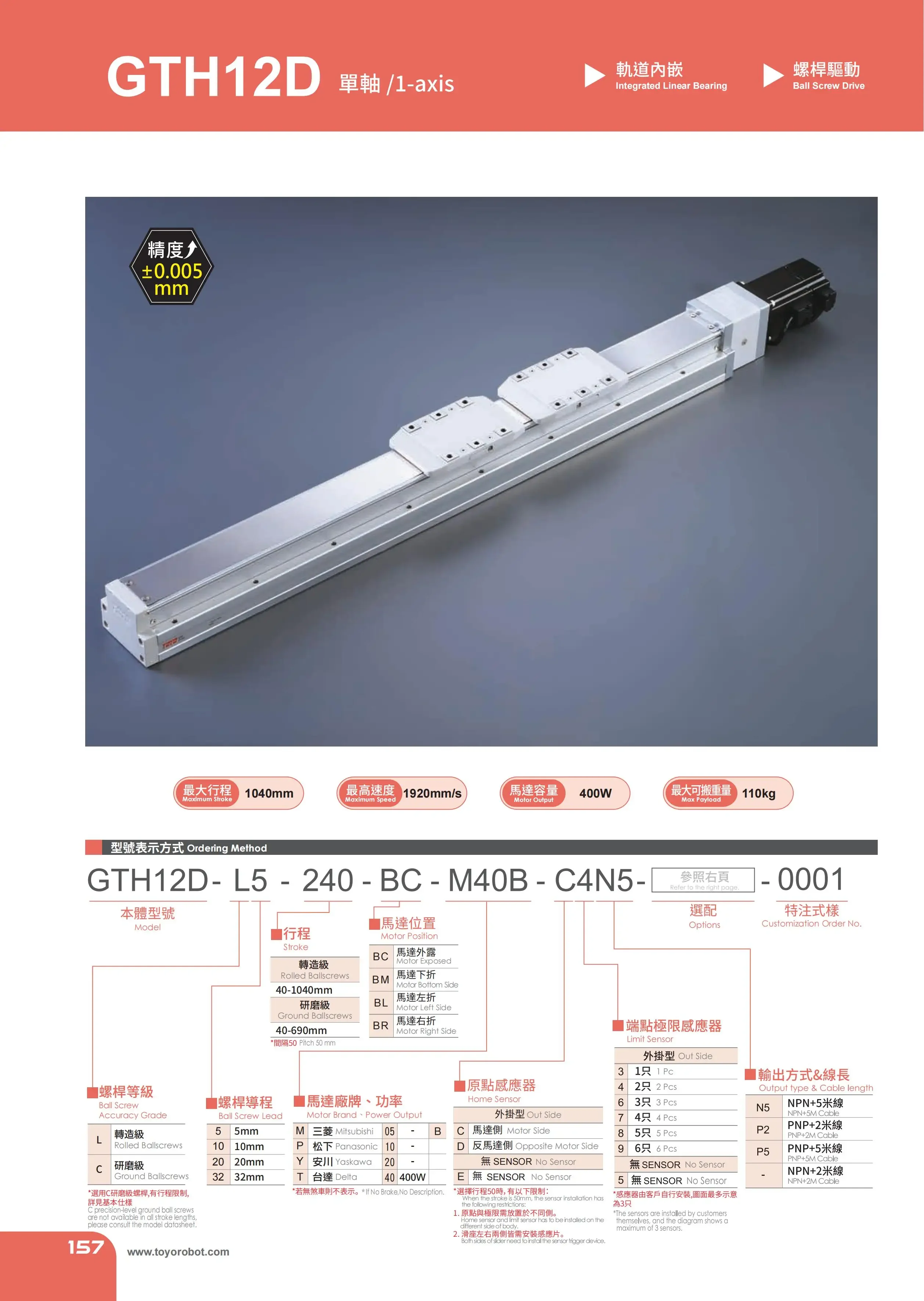 TOYO HIWIN High Precision Linear Custom Screw Slide Automatic Module XYZ Axis Slide Module GTH12D Series