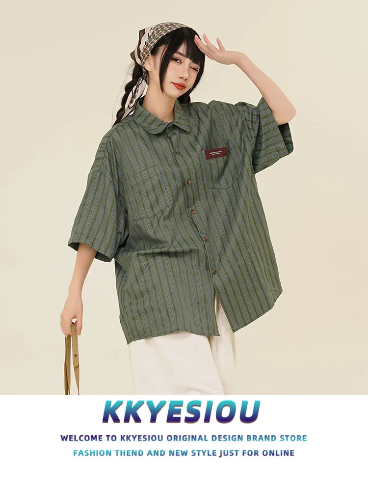

KKyesiou American Retro Striped ort Sve irt ex Oversize Versatile Couple's Top Outerwear Polyester Fiber Summer