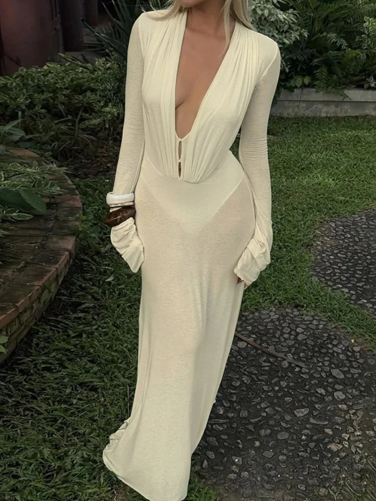 

Women Solid Mesh Maxi Dress Fashion See Through Deep V-neck Long Sleeves Waist Pleated Dresses Summer Holiday Beach Gowns