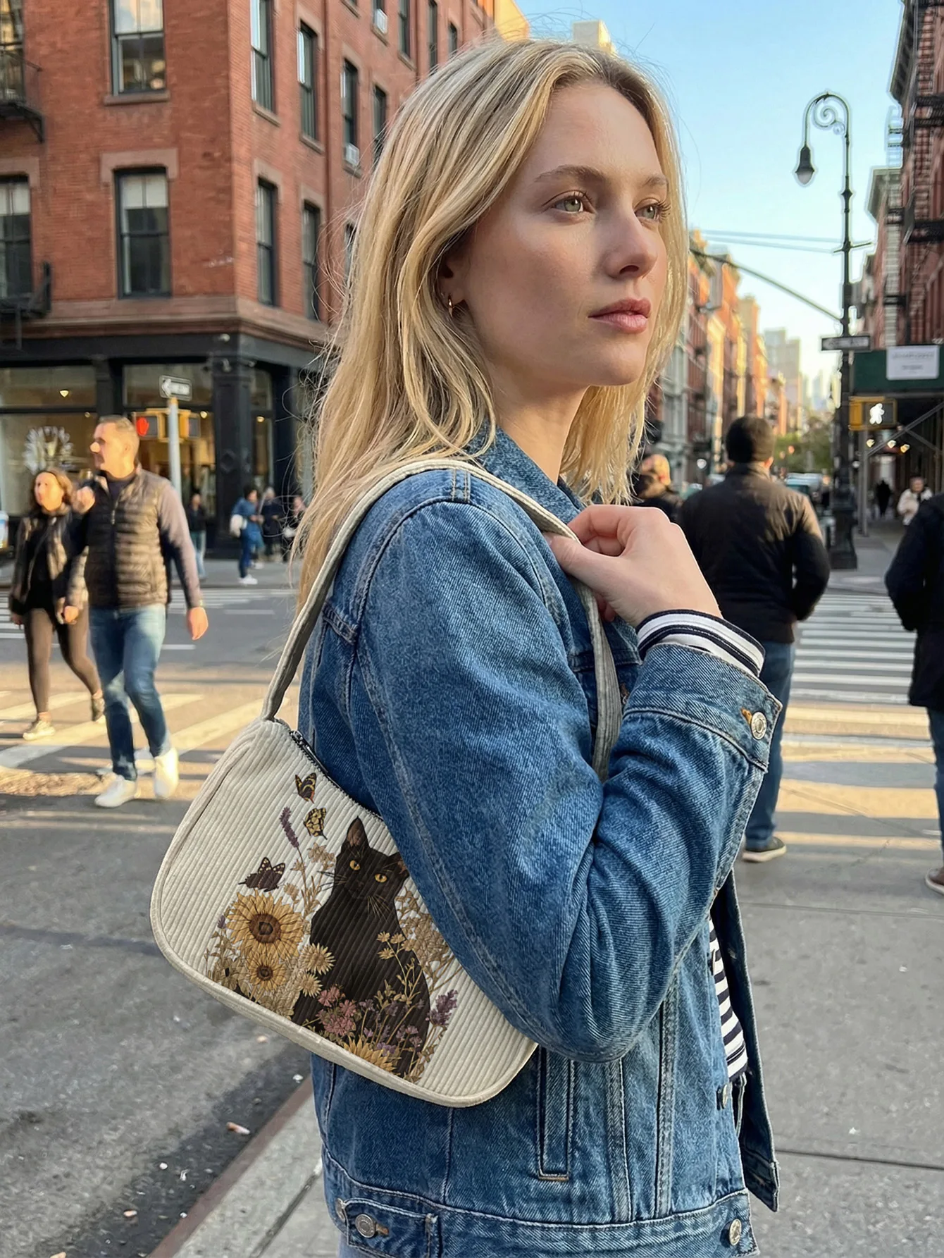Trendy Cottagecore Black Cat & Sunflower Print Shoulder Bag, Cozy Beige Corduroy Underarm Bag - view 5