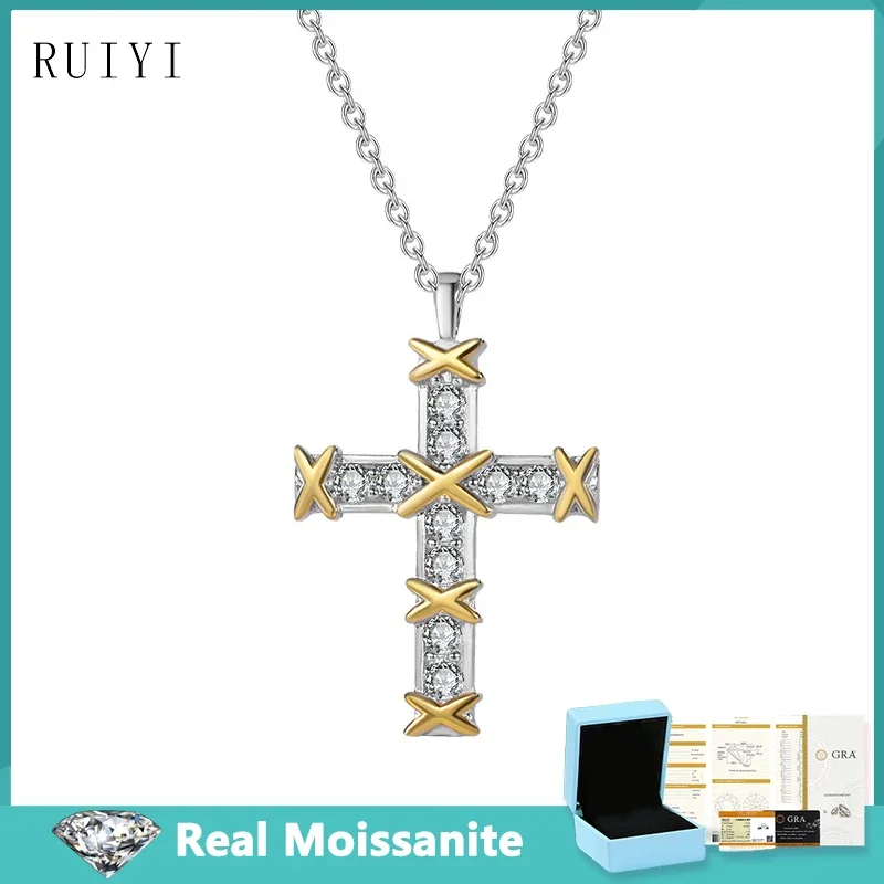 1cttw Trendy Double Color Cross Moissanite Diamond Pendants Necklaces for Women S925 Sterling Silver Clavicle Chain Jewelry Gift