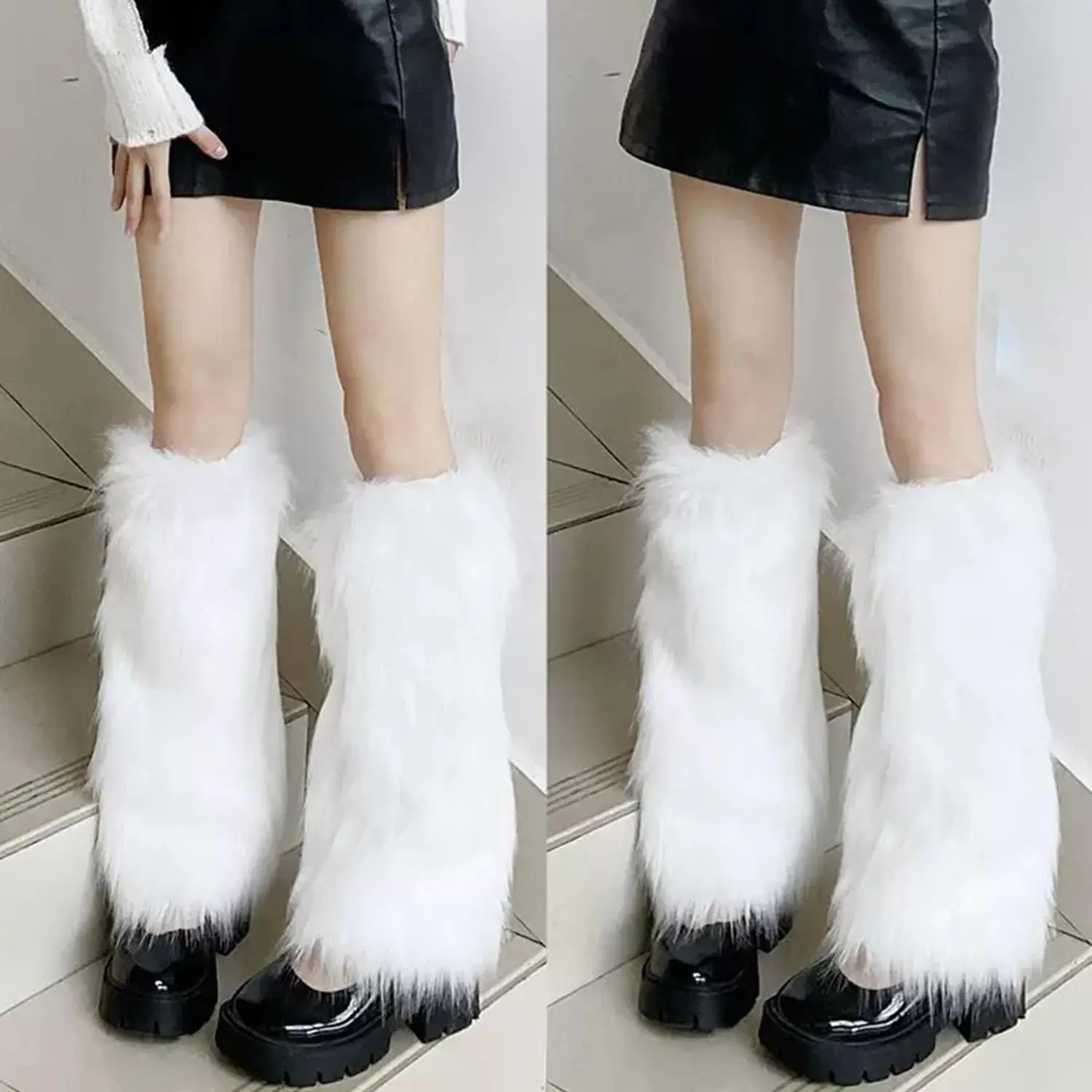 

Japanese White Faux Fur Leg Warmers Boot Covers Y2K Goth Solid Leg Socks Punk Jk Knee-length Hiphop Fashion Warm Sock