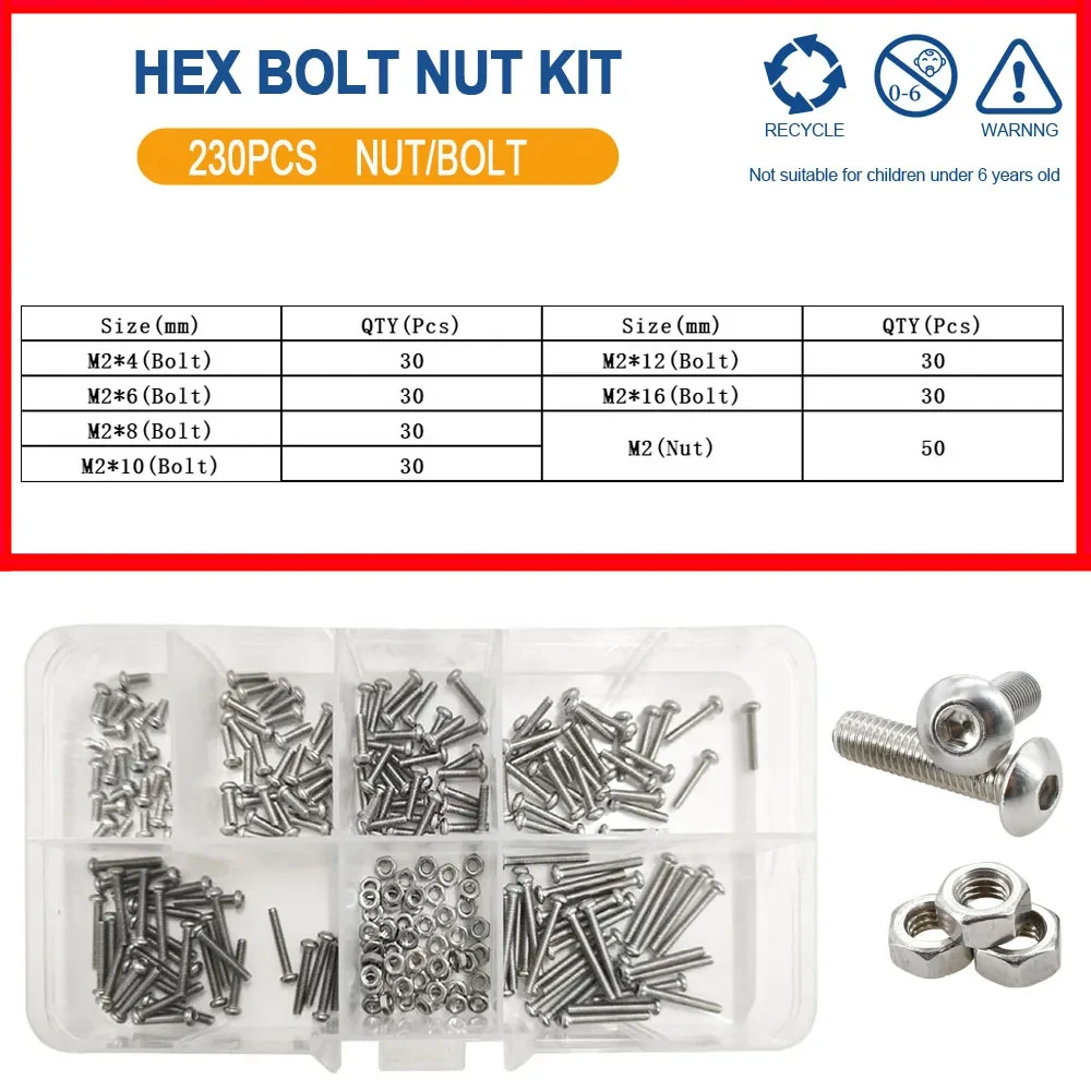 M2 M3 M4 M5 M6 Allen Sechskantmutter Bolzensatz 304 Edelstahl Sechskantschraube Muttern Set Knopf Rundkopf Maschinenschrauben Muttern Kit – Detail 8