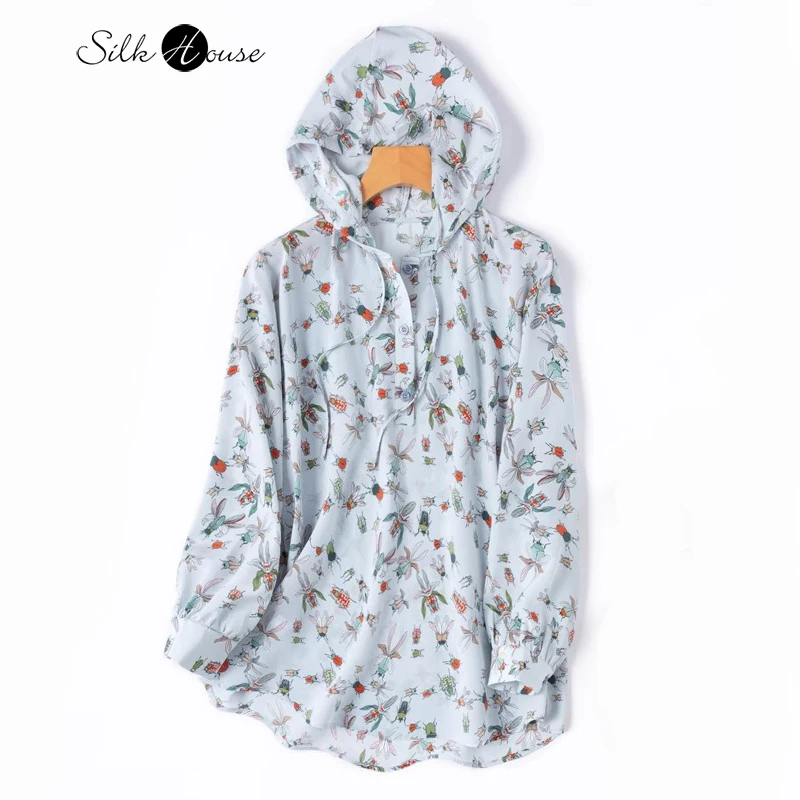 

Fun Clear Water Blue Insect Printed 100% Natural Mulberry Silk Crepe De Chine Loose Versatile Women's Hooded Casual T-shirt