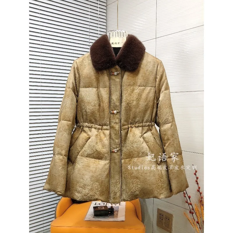 AYUNSUE Goose Down Jacket Woman Winter Mink Fur Collar Outerwears Mid-length Cinched Waist Warm Coats Woman Clothes Ropa Mujer