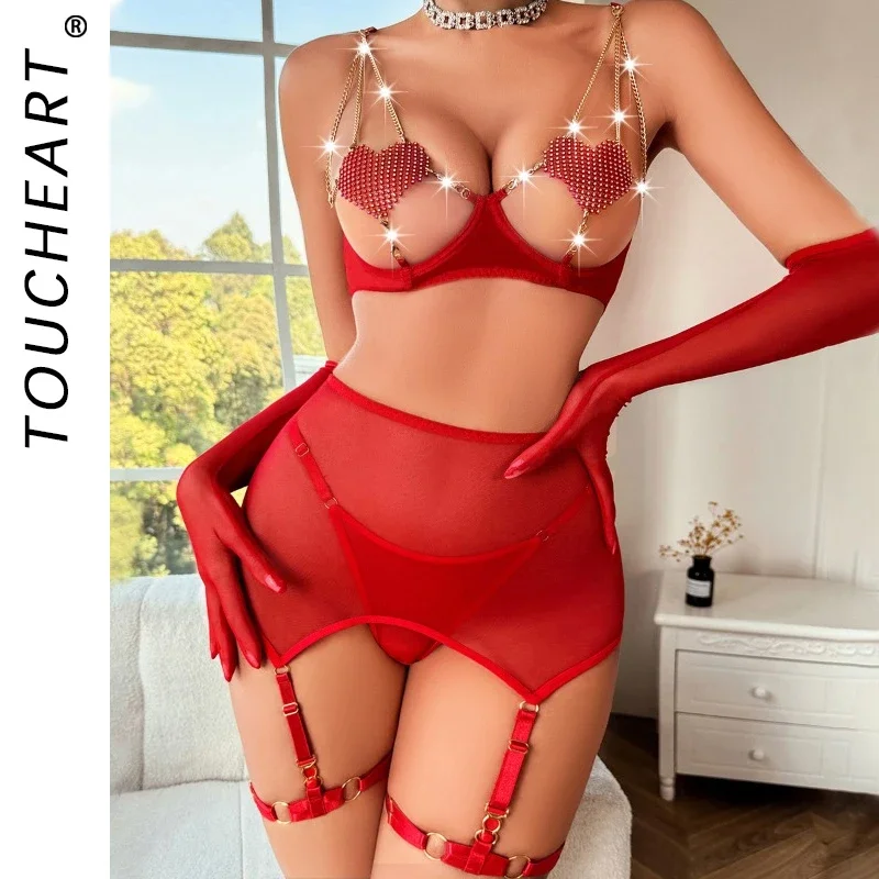 Toucheart 5-Piece Sexy Lingerie Set For Women Exposed Breasts Love Chain Sexy See-Through Mesh Garters Exotic Underwear Set New