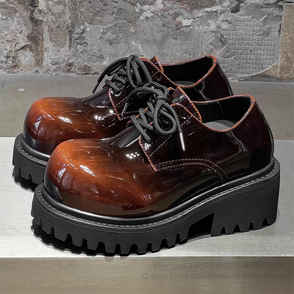2026 New 10cm Thick Bottom Height Boosting Retro Rubbing Gradient Big Head Leather Shoes Men's Lacquered Shiny Face Derby Shoes