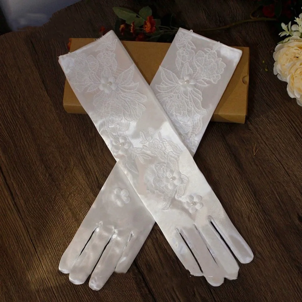

Elegant White Satin Long Gloves Vintage Sweet Wedding Bridal Gloves Elastic Lace Long Finger Mittens Women