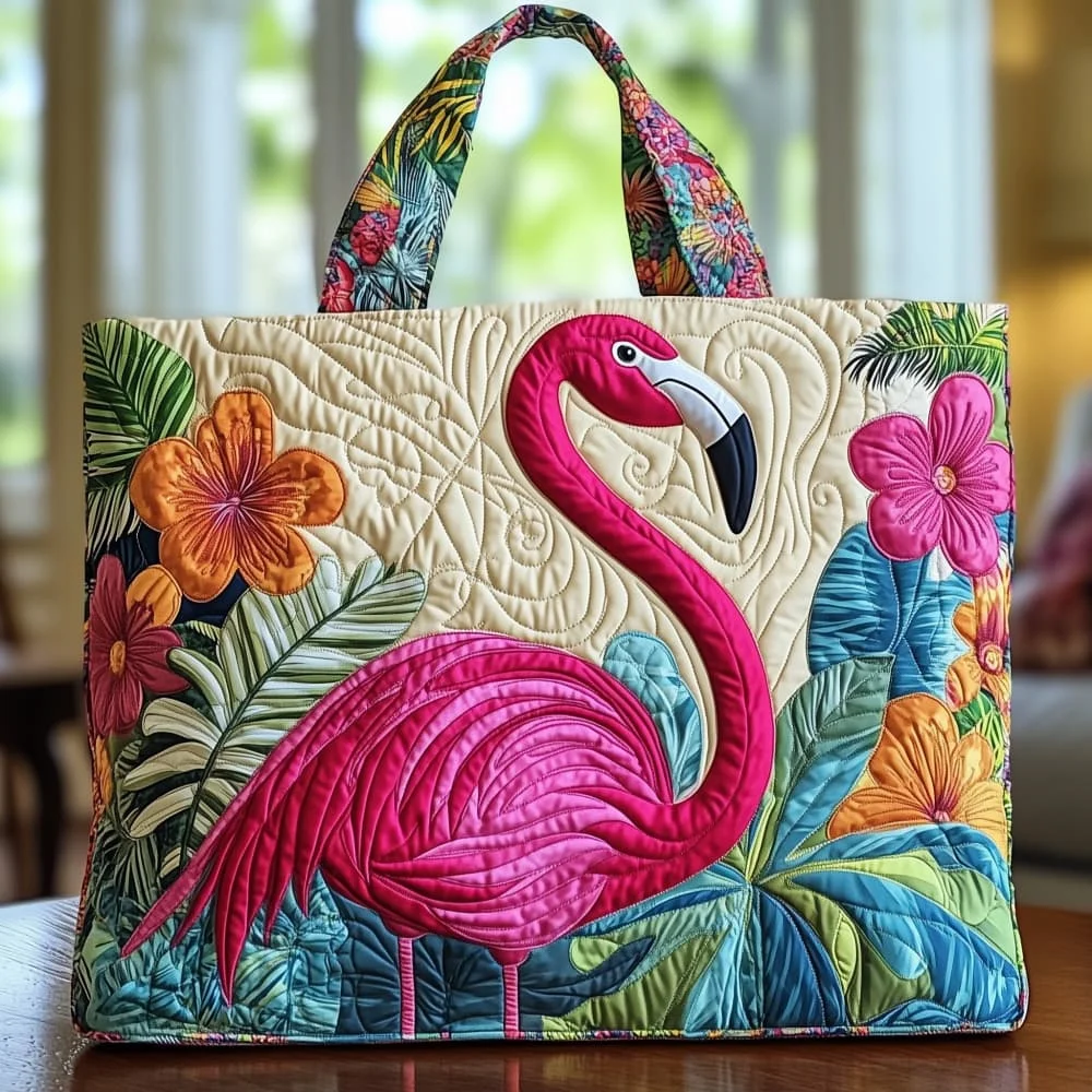 

Tropical Flamingo Floral Quilted Tote Bag Hawaiian Fashion Large Capacity Women Men Shoulder Bag for Beach Vacation Daily Use