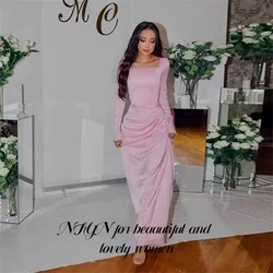 NFYN Pink Elegant Prom Dress Square Neck Mermaid Evening Dress Full Sleeves Satin Pleated Prom Gown Vestidos De Festa Customized