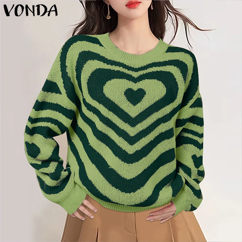 VONDA Women Knitted Sweaters 2026 Fashion Autumn Heart Print Tops Long Sleeve Pullovers Streetwear Crew Neck Jumpers Knitwear