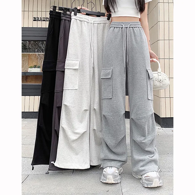 Lady Ins Fashion High Waist Sweatpants Female Solid Color High Waist Pants Girls Classic Korean Baggy Straight Leg Trousers