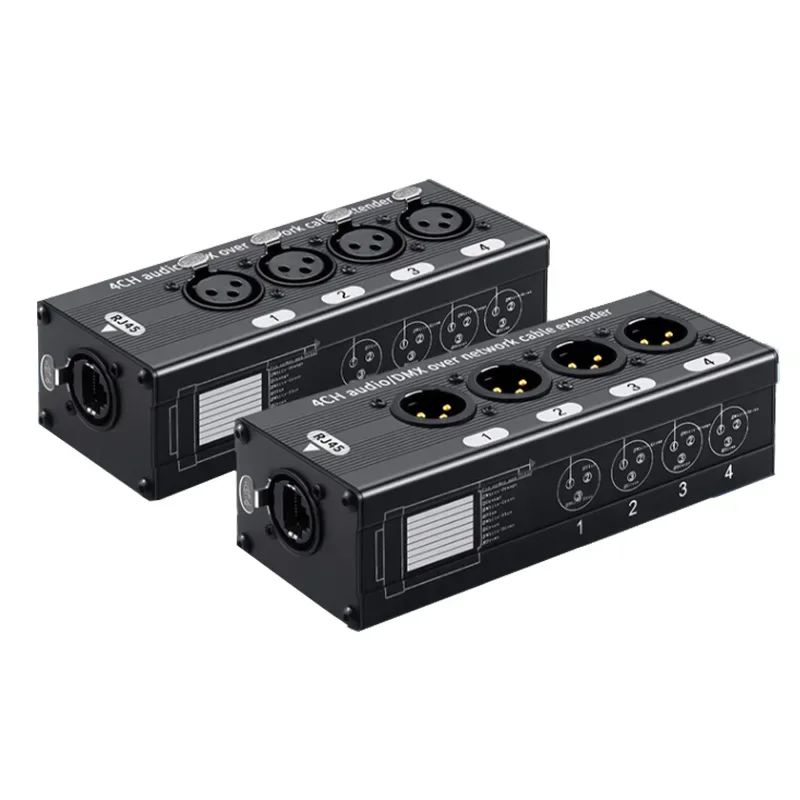 Комплект из 2-х XLR аудиопередатчиков-приемников (мужской и женский) для передачи данных по Ethernet через кабель RJ45 Cat6 на расстояние до 100 м (330 футов), 4-канальный, 3-контактный