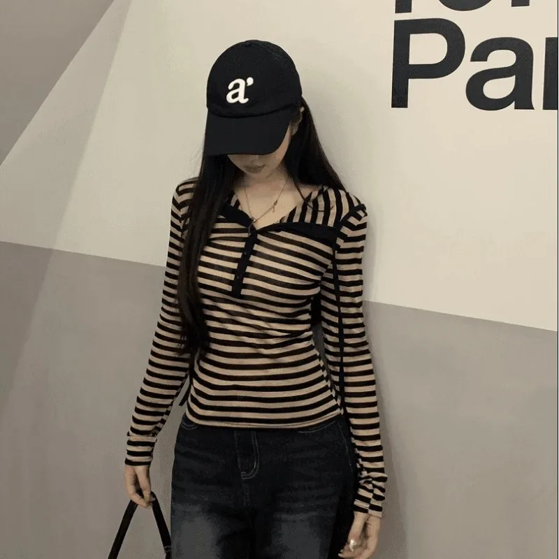 Striped Hooded Long Sleeve Top Women Half Button Slim Casual Knit Pullover Autumn Basic Blouse
