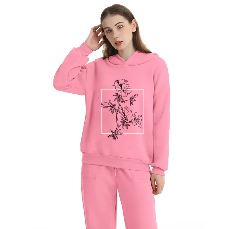 

2024 New Fashion Street Trend Flower Print Sweatshirt Sweatpants Fleece Suit Women's Clothes