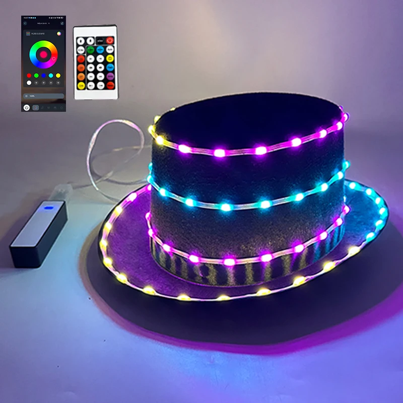 

App Bluetooth LED Luminous Fedora Hat Concert Event Night Club Masquerade Jazz Top Cap Men Women Full Color LED Panama Hats