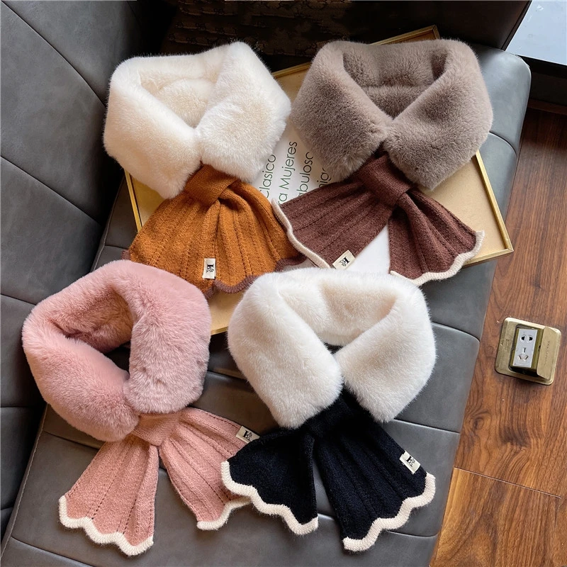 Winter Ruffle Knitted Cross Scarf Faux Rabbit Fur Thickened Soft Scarves for Women Winter Patchwork Neck Warmer Collar Scarf