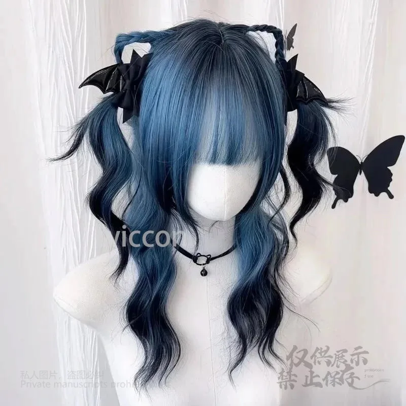أزرق-أسود متدرج Y2K جيراي كي نمط الباروكات تأثيري حلي جديلة مقاومة للحرارة الشعر الاصطناعية موضة متوسطة الطول رقيق